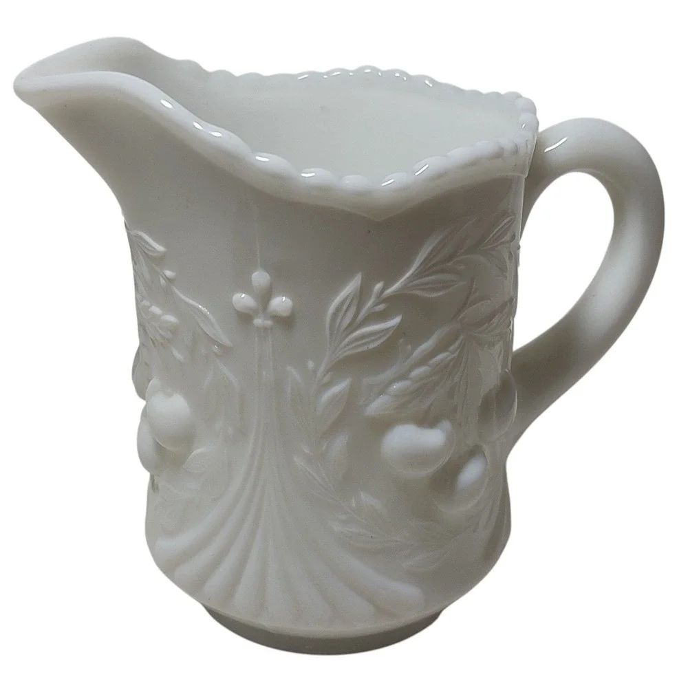 Vintage LG Wright Creamer White Milk‎ Glass Cherries Pattern Glass Pitcher Vase